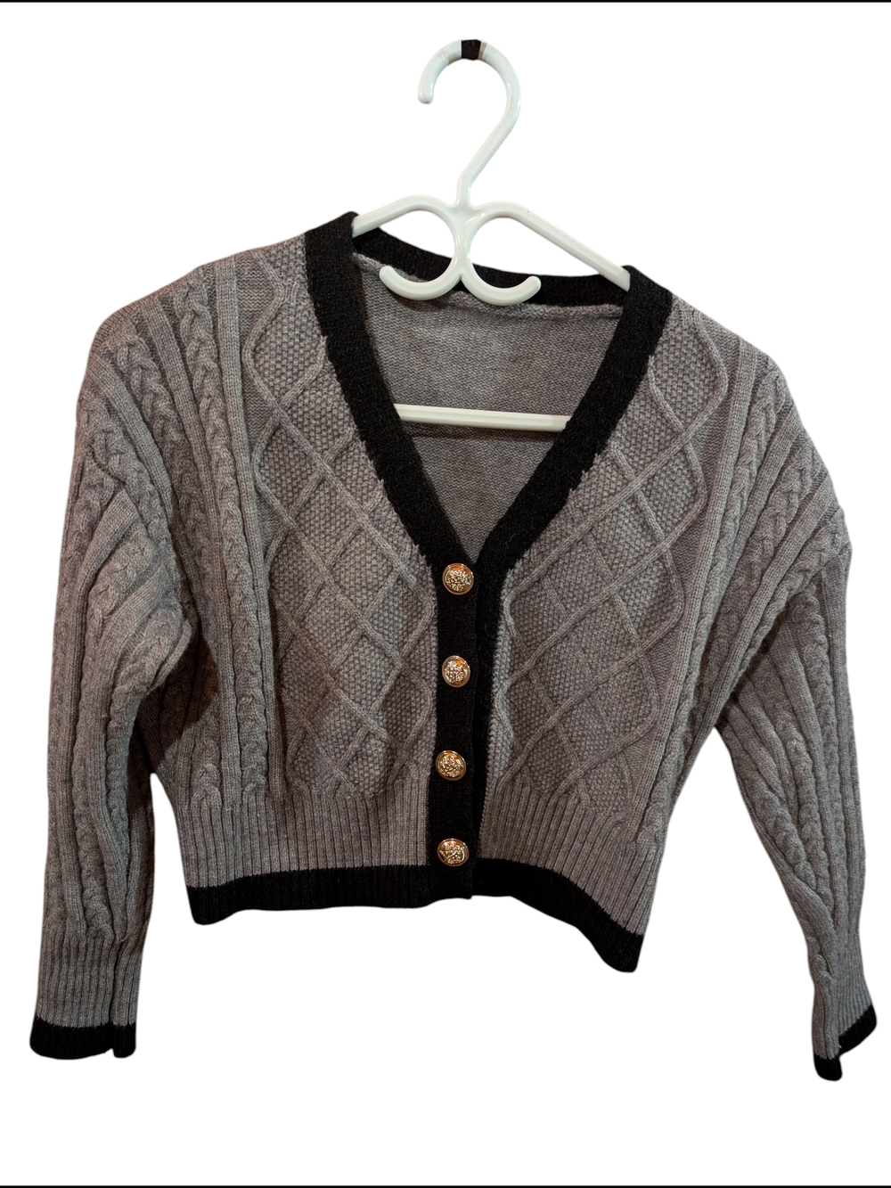 2/22$ Gray Cable-Knit V-Neck Cardigan with Black Trim